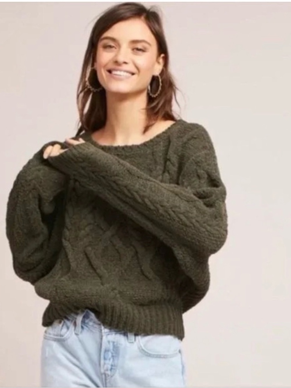 Sleeping on Snow Olive Cable Knit Sweater Cozy Cropped Pullover. PTP 26